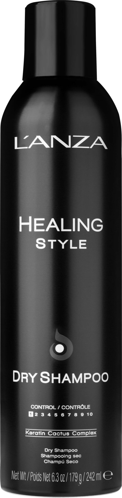 En svart flaska med L'ANZA Healing Style Torrschampo och vit text samt en liten cirkelikon.
