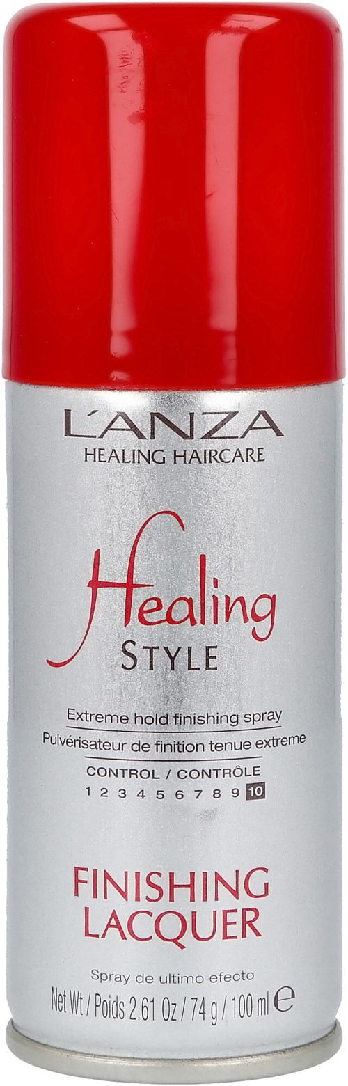 En röd och vit burk med L'ANZA Healing Style Finishing Lacquer hårspray.