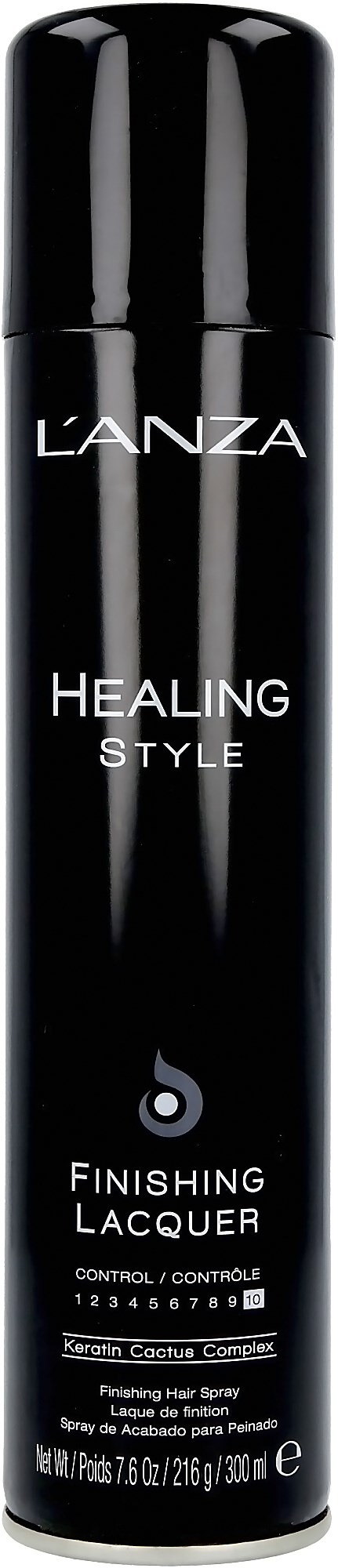 En svart cylindrisk produkt märkt 'L'ANZA Healing Style finishing lacquers' med vit text, används för hårstyling.