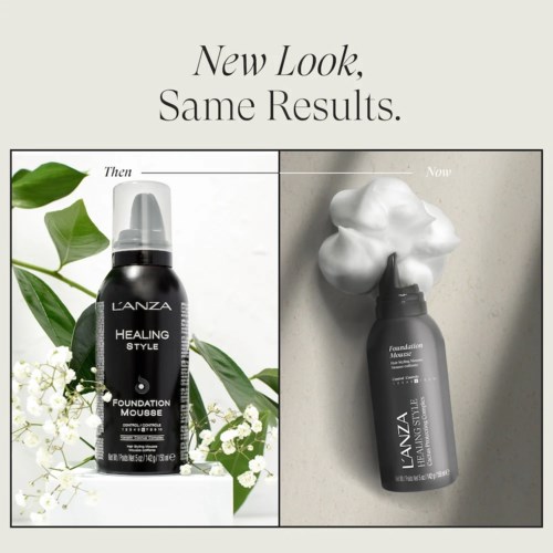 Et produkt før og efter ændring visende en foundation mousse-flaske med en skumlignende top.