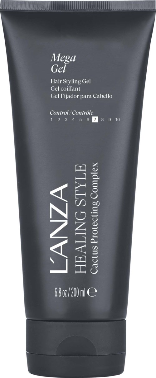 En svart tube merket 'Lanza' med hvit tekst for hårstylinggel, inneholder 200 ml. Designet for hårkontroll.