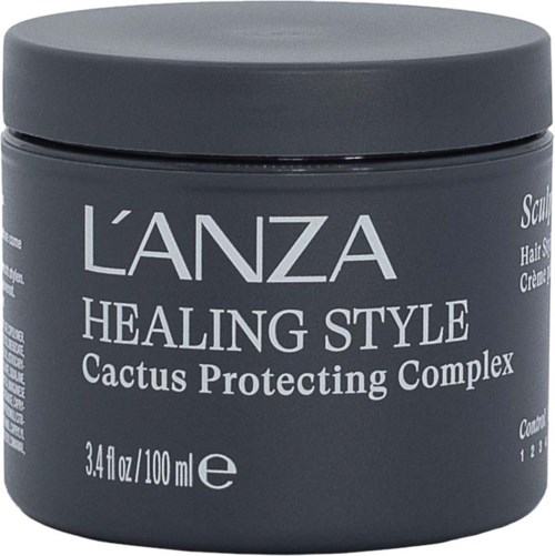 A dark gray container of L'ANZA Healing Style with cactus protecting complex for hair care.
