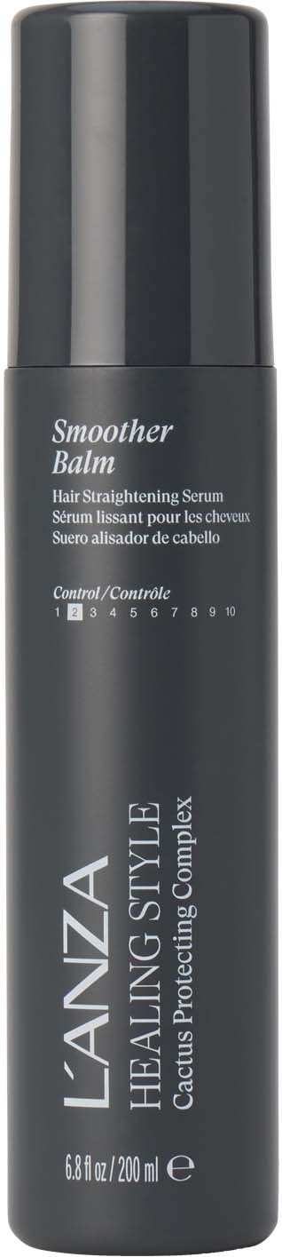 En svart flaske med L"Anza hårglans-serum med sølvkork og hvit tekst, laget for å kontrollere bustete hår.