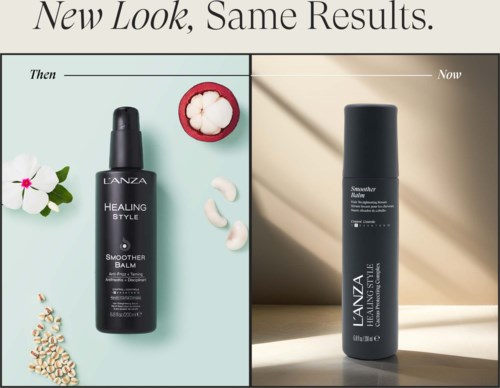 Sammenligning av Lanza Healing Style Balm-emballasje før og etter bruk, viser produktet i svart flaske med etikett.