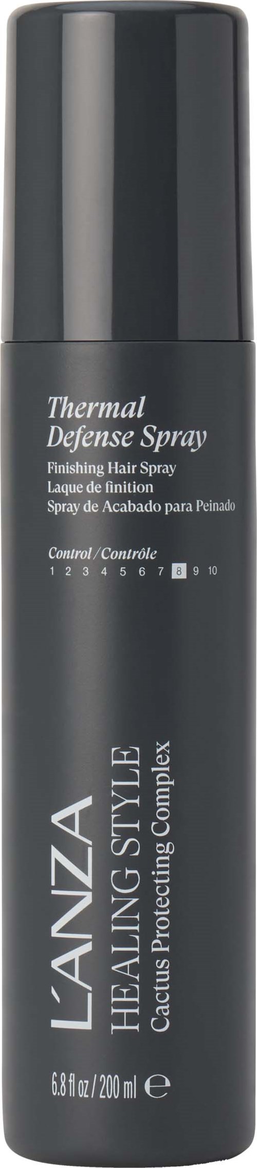 En mörkgrå sprayflaska märkt Laanza Thermal Defense Spray för hårslut, 200 ml.