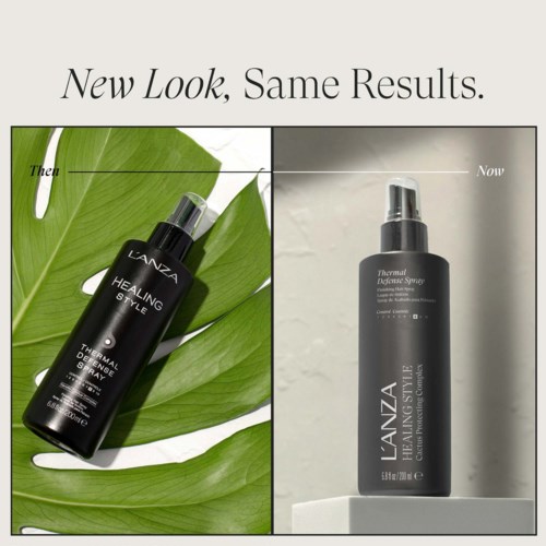 Jämförelse mellan före och efter ompackning av Lanza Healing Style Thermal Defense Spray, med samma fördelar.