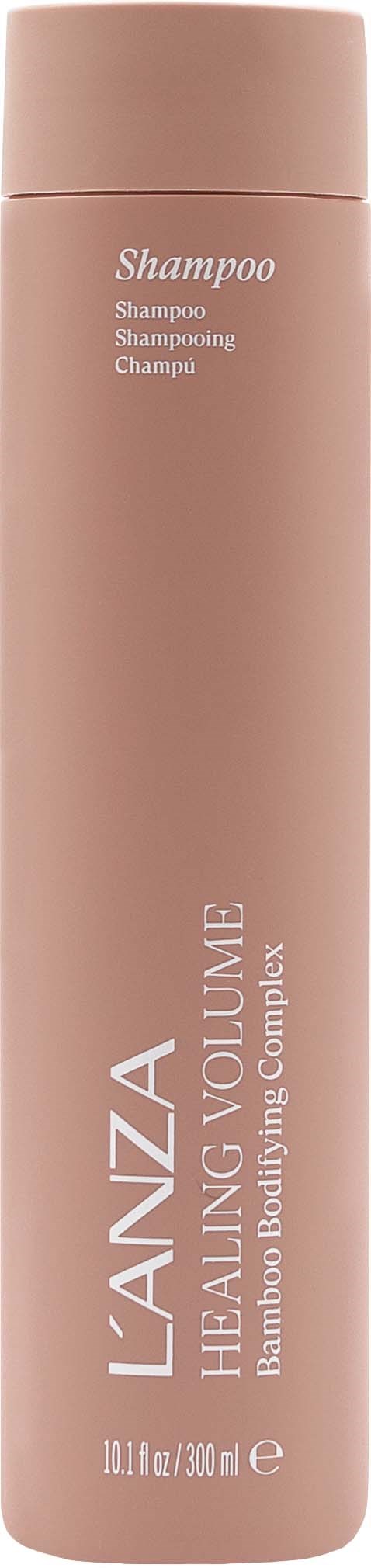 En rosa schampoflaska märkt "L'ANZA Healing Volume" med 300 ml kapacitet.