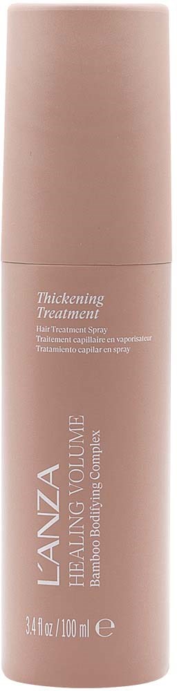 Długa, różowa butelka Lanza Healing Volume spray do włosów dla objętości.