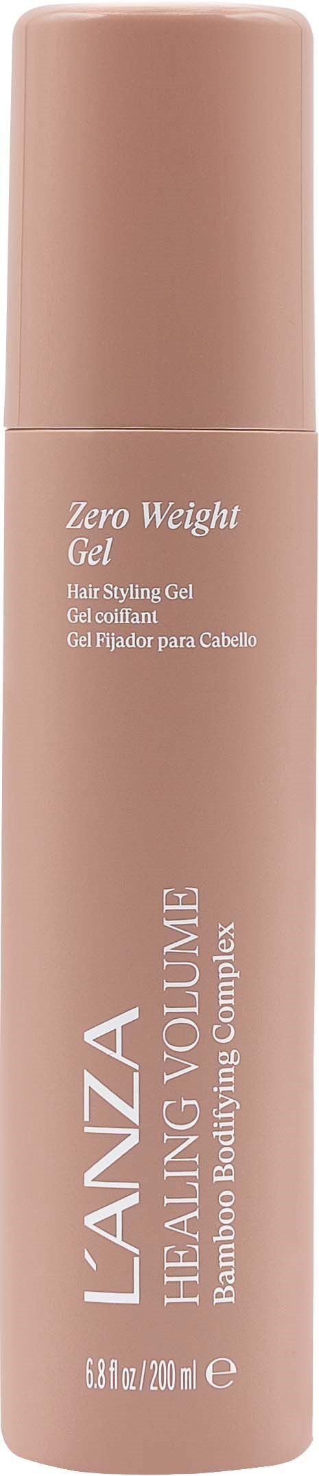 En lång beige flaska märkt L'ANZA Heating Volume med påståenden om noll vikt och kalorifri styling.