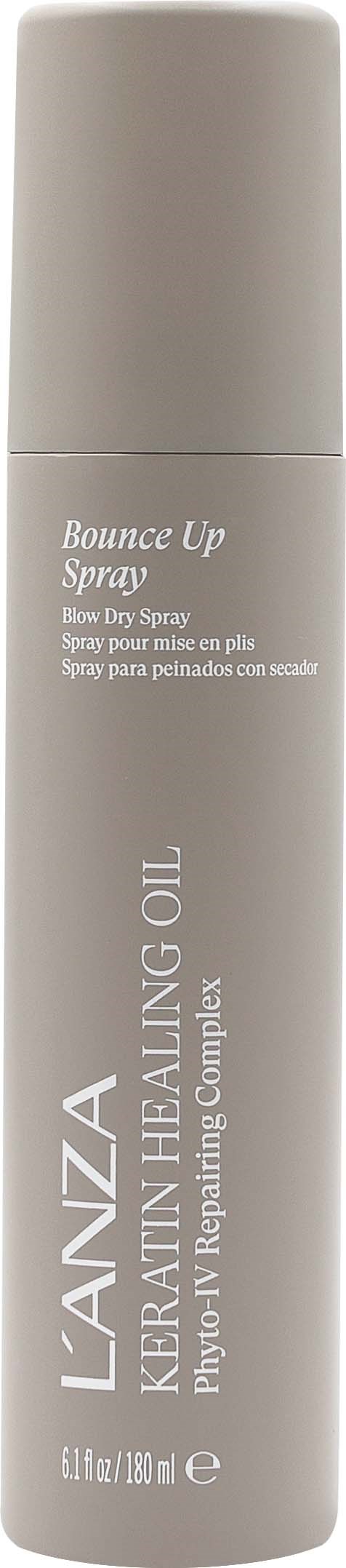 En lång, grå sprayflaska märkt L'ANZA Healing Hair Oil och Bounce Up Spray.