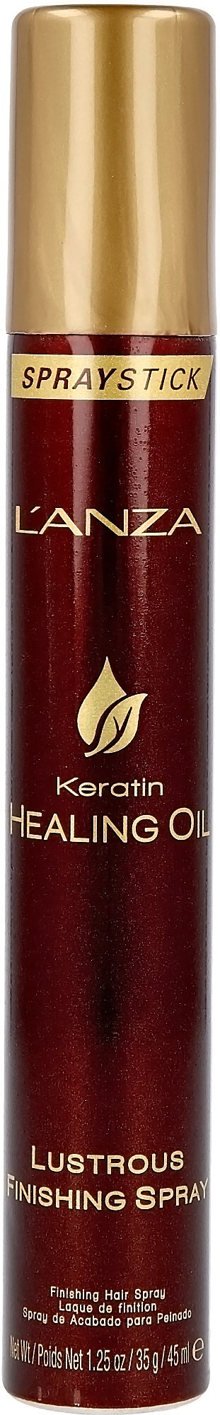 En lang, sylindrisk sprayflaske med gullhette, rød kropp og etiketter for L'ANZA Keratin Healing Oil.