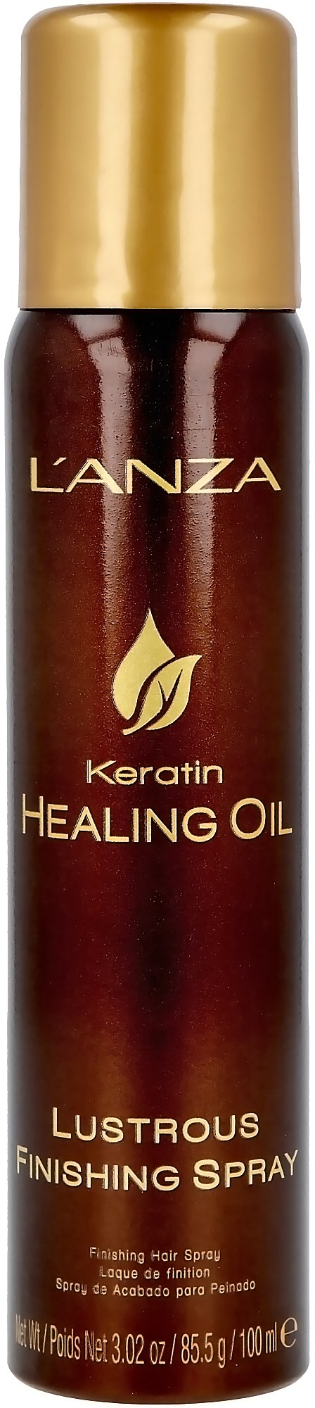 En brun och guldig sprayflaska med etiketten 'L'ANZA Keratin Healing Oil' och 'Lustrous Finishing Spray'.