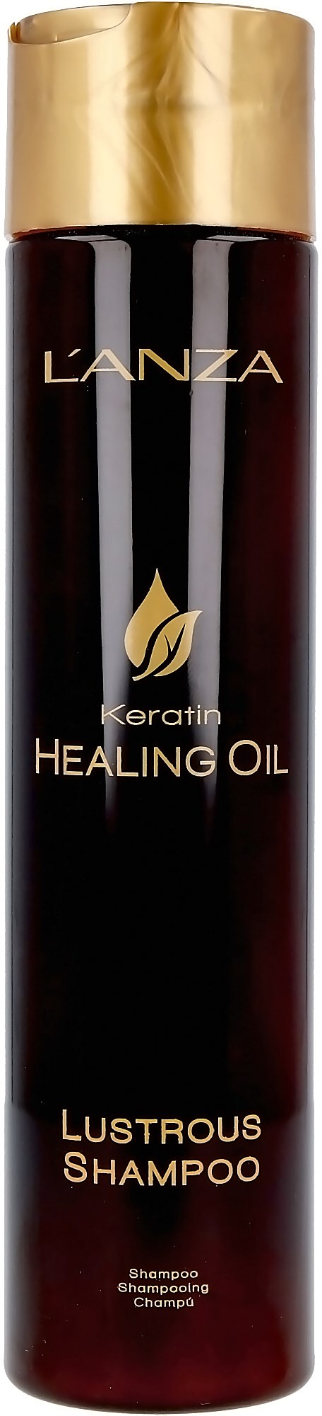 A tall, dark bottle with a gold cap labeled L'ANZA Keratin Healing Oil and Lustrous Shampoo.
