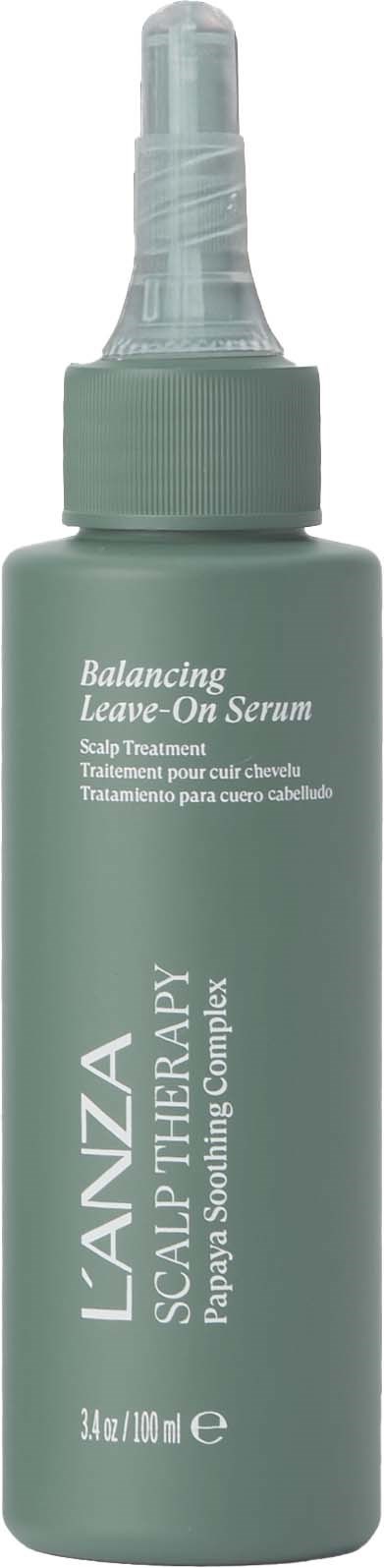 Grön flaska med Lanza Scalp Therapy Balancing Leave-On Serum för hårbotten och pumpdispenser.