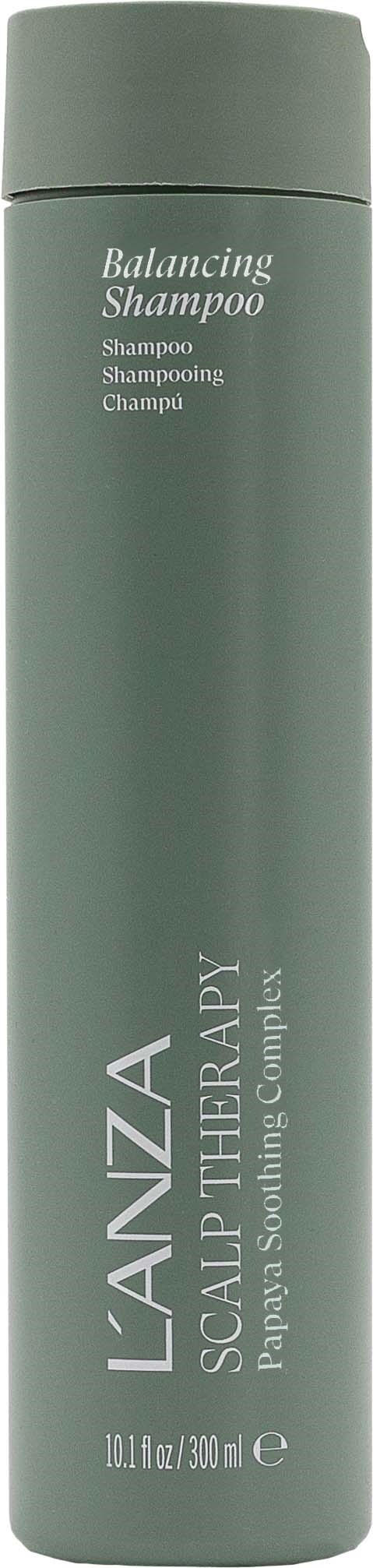 A tall, gray bottle of Balanza shampoo for scalp therapy, with a simple label and cap.