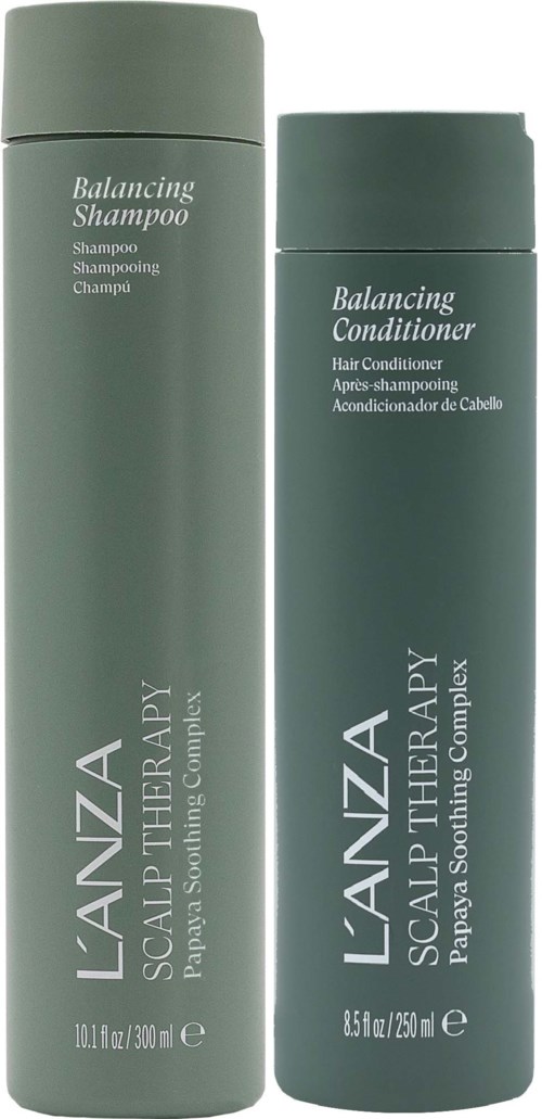 Two green bottles of hair care products, one shampoo and one conditioner, from L'ANZA Scalp Therapy series.