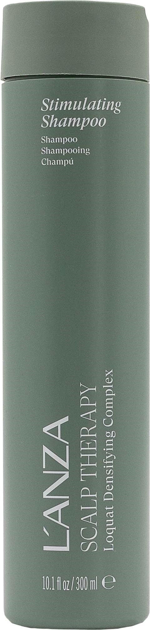 A tall, gray bottle of shampoo labeled 'Stimulating Shampoo' for hair growth. Named 'LanzA Scalp Therapy.'