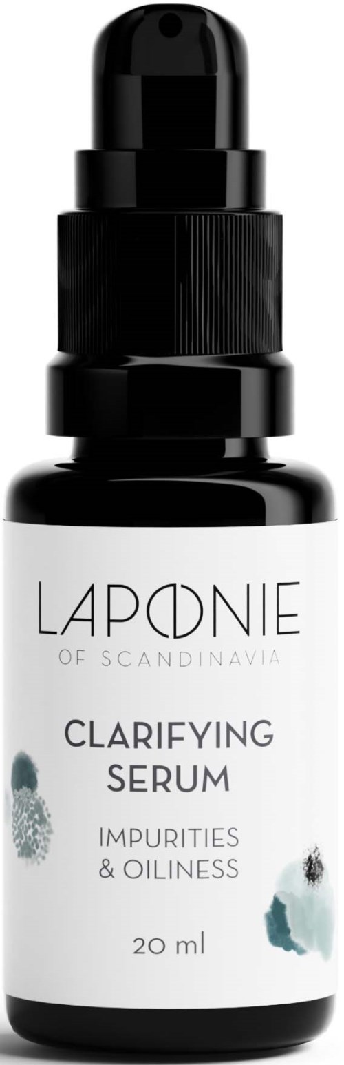 En svart och vit flaska märkt 'Lapdonie Clarifying Serum' för orenheter och oljighet, med sprayhuvud.