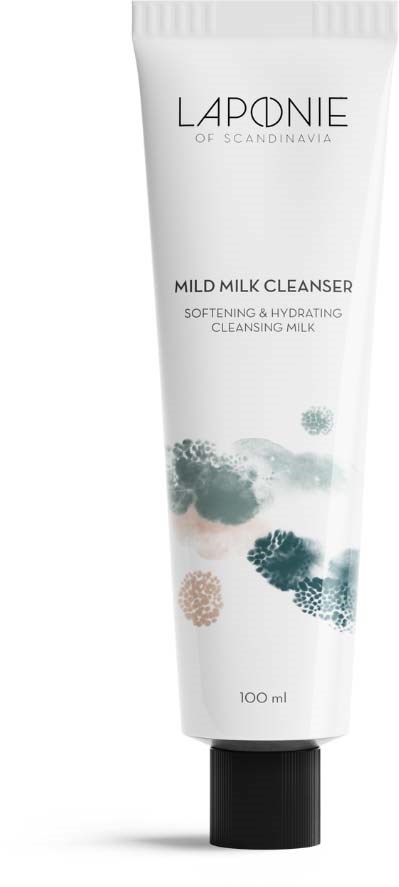 En hvid tube med sort låg mærket 'LAPADNIE', indeholder en hudplejeprodukt kaldet 'Mild Milk Cleanser' med abstrakte mønstre.