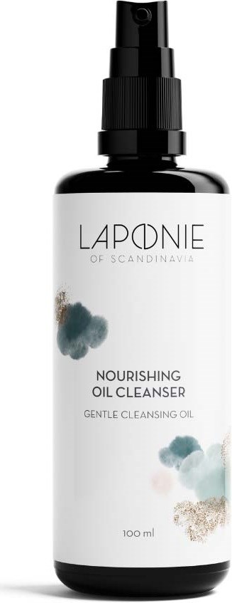 En sort sprayflaske med hvid etiket og farverigt abstrakt design, mærket Lapone Nourishing Oil Cleanser, 100 ml.