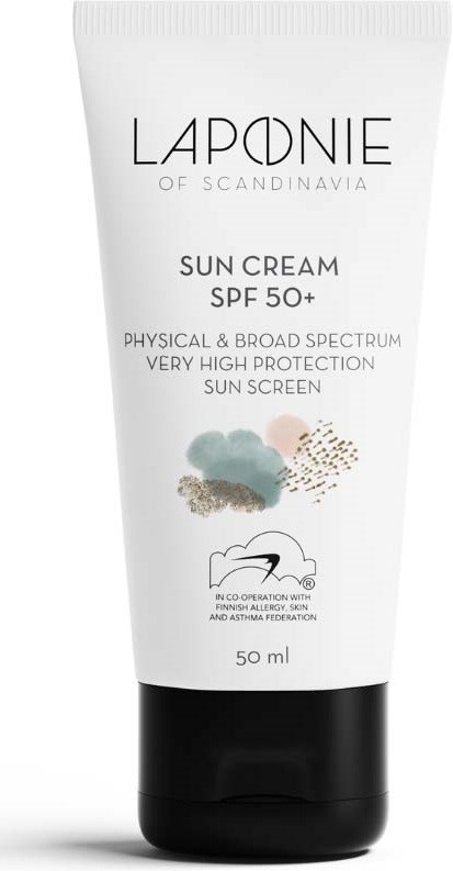 En vit tub med Laponie solkräm med SPF 50+ och svart lock, med minimalistisk text och mjuka färger.