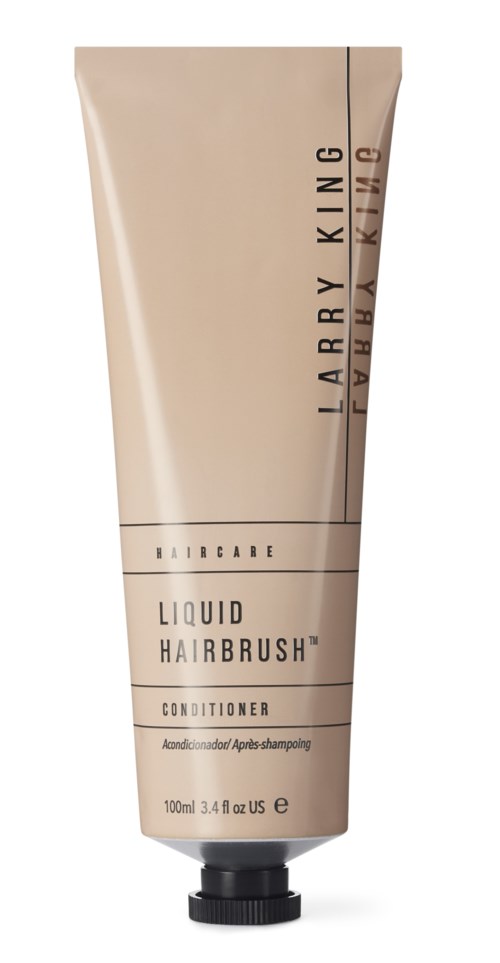 En beige tub med Larry King Hair Care flytande hårborstbalsam med svart lock, 100 ml storlek.