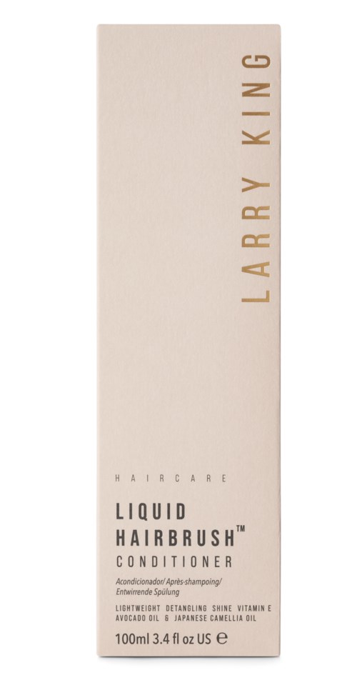 En lång, vit box med guldfärgad text för Larry King flytande hårborste balsam, 100 ml.