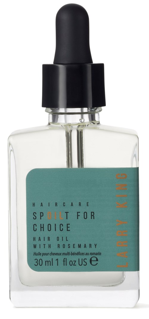 Doorzichtige fles met zwarte pipetdop, bevat haarolie met rozemarijn en jojoba, 30 ml.