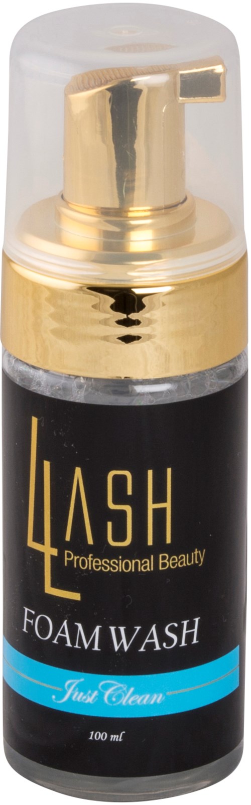 En svart flaska med guldpump och genomskinlig lock, märkt 'LASH Professional Beauty Foam Wash' och 'Fresh Clean'.