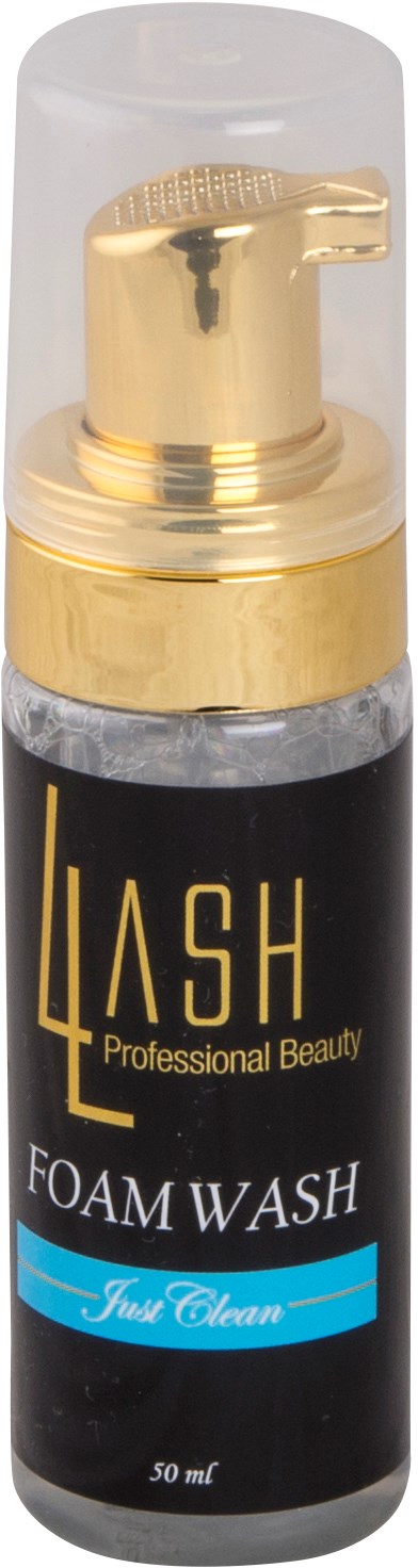 Mustavalkoinen ja kultainen pullo läpinäkyvällä kannella. Merkitty 'L4SH Foam Wash' ja 'Professional Beauty'.