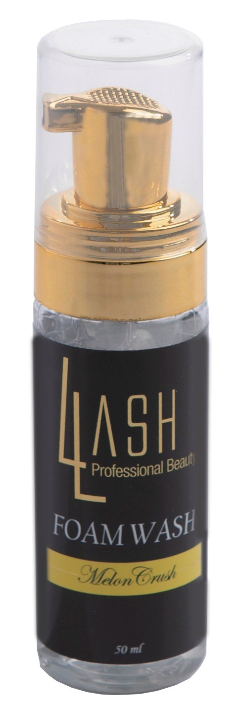 En svart flaska med guldpump och genomskinlig kapsel, märkt '4 LASH Foam Wash Melon Punch, 50 ml'.