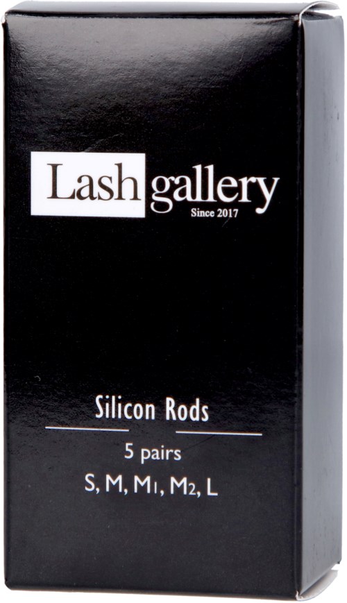 En svart låda märkt "Lash gallery" med vitt text, erbjuder fem par silikonögonfransverktyg.