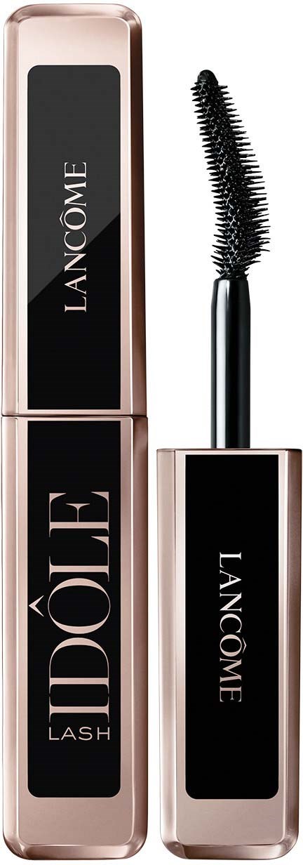 En svart mascara borste med en ros gold rör och en svart etikett med vit text.