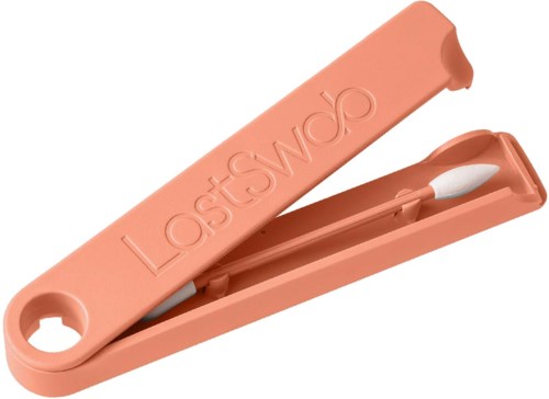 Et ferskenfarvet etui med en hvid rengøringsenhed indeni, mærket "Lostwacp."