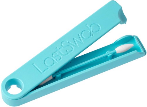 Ett ljust blått skal med ett litet vitt verktyg inuti som är märkt 'Lost-Word.'