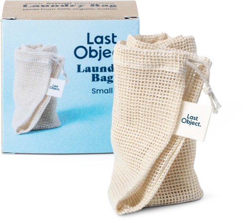 Eine kleine Wäschesack aus Netzstoff, gezeigt mit blauer Verpackung mit der Aufschrift 'Last Object'.