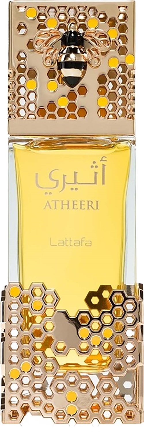 A perfume bottle with honeycomb patterns and a bee design on the cap.