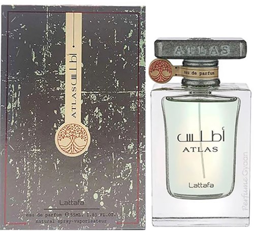 A perfume bottle labeled 'ATLAS' and 'Lattafa' next to its worn black box with similar branding.