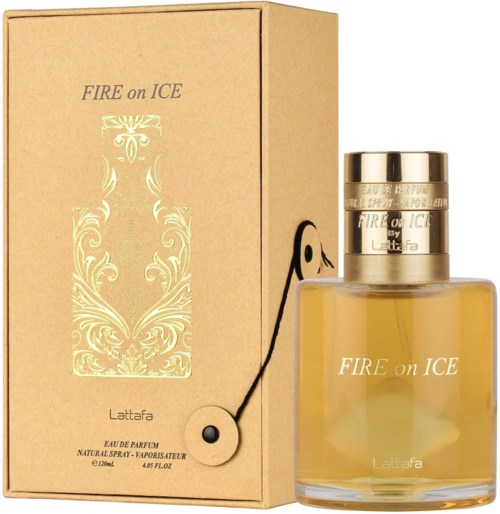 En parfyllflaska och box med gyllene och svarta dekorationer, märkt "FIRE on ICE" av Lattafa, elegant design.