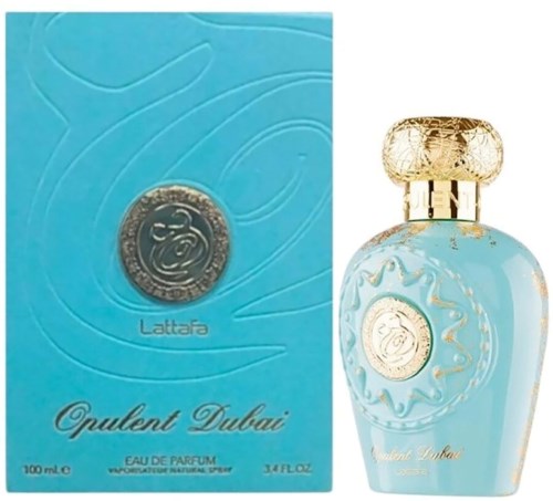 Ein Parfümflasche mit blauer und goldener Gestaltung, und eine passende blaue Schachtel mit dem Parfümnamen 'Opulent Dubai'.