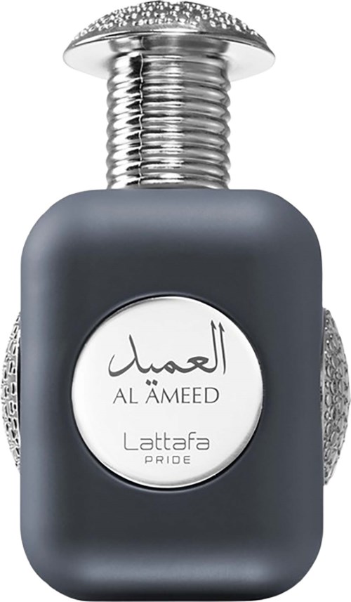 A perfume bottle with a dark gray body, silver top, and a round label with Arabic and English text.