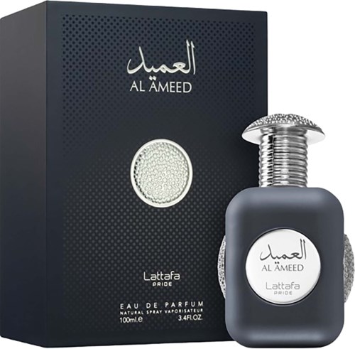 A perfume bottle and box with black and silver design, featuring Arabic and English text for Al Ameer, Lattafa, and Pride.