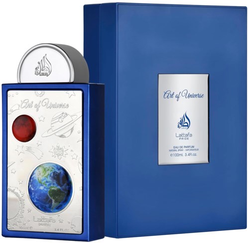 A perfume box with a blue design, Earth and planet illustrations, and a small round top, labeled "Art of Universe."