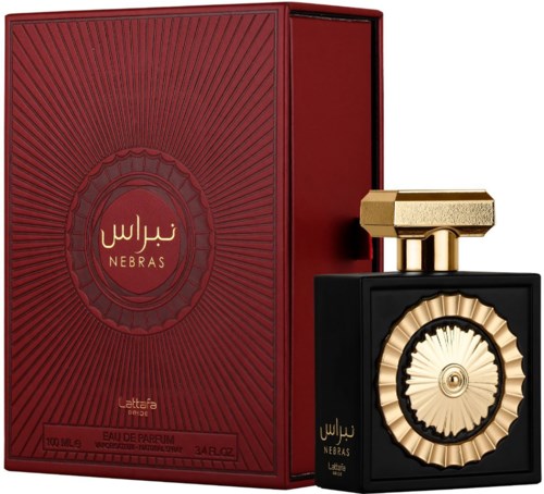 A perfume bottle with black and gold design next to a red box with Arabic and English text, called Nebras.
