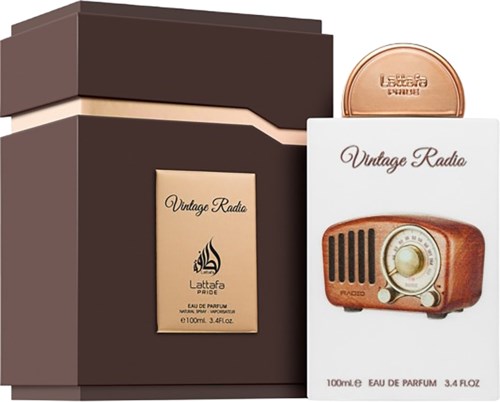 Pudło z perfumami z ilustracją starożytnego radia, mała butelka perfum i marka Vintage Radio.