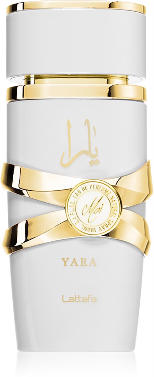 Elegante weiße Flasche mit Goldakzenten und einem goldenen Ring um die Mitte, beschriftet 'YARA' und 'Lattafa.'