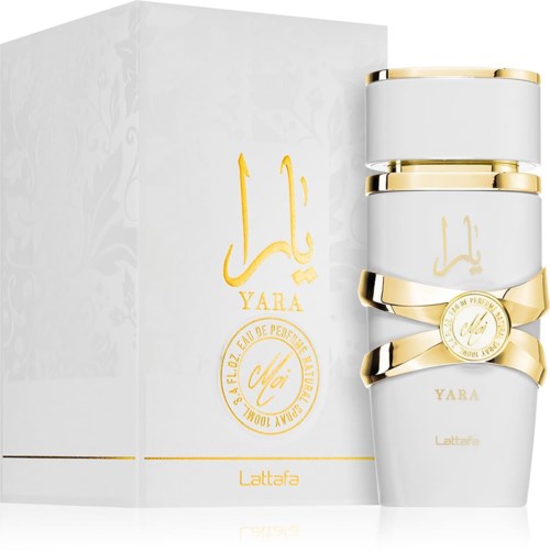 Ein Parfümset mit weißen und goldenen Flaschen und einer Schachtel, mit einem goldenen Logo und dem Wort YARA.