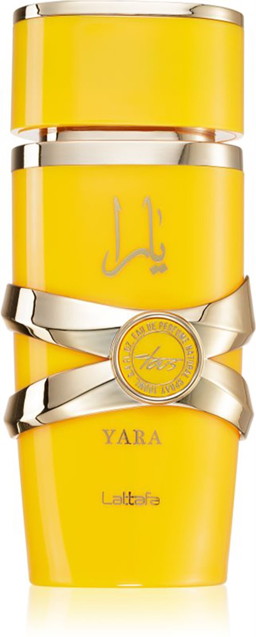 En gul och silver hudvårdsprodukt med arabiska tecken och ett cirkulärt emblem, märkt YARA av Labbafa.