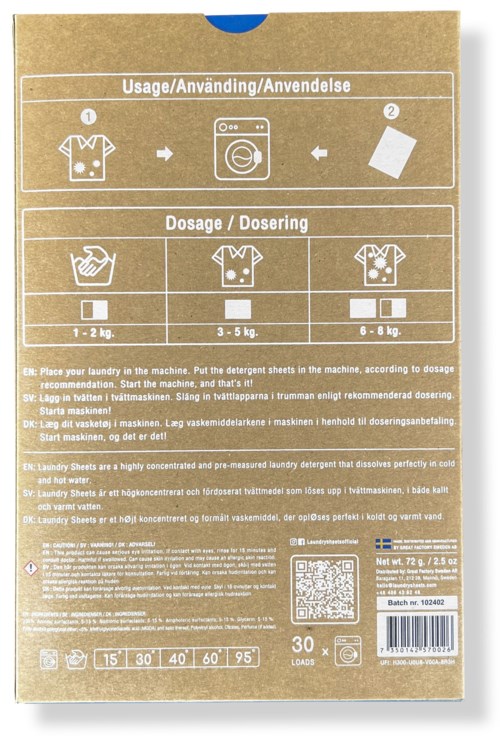 Laundry sheets container displaying usage instructions and recommended detergent dosage for different clothes weights.