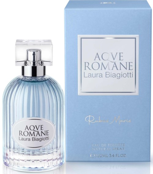 Een parfumfles met gegroefde glasontwerp en een blauwe doos met 'Acque Romane Laura Biagiotti'.